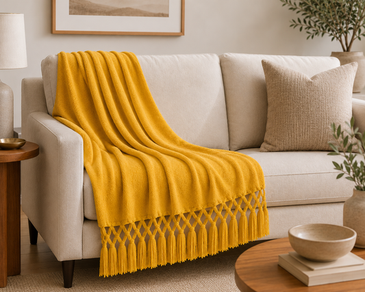 Mustard Hand-Knotted Chenille Throw Blanket