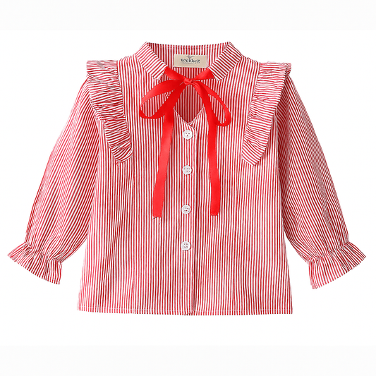 Red Ribbon Striped Toddler Girl Blouse