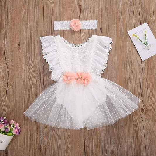 White Lace Eyelet Tutu Baby Romper Dress & Headband