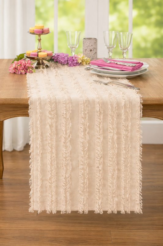 Beige Fringed Stripe Cotton 15"x72" Table Runner