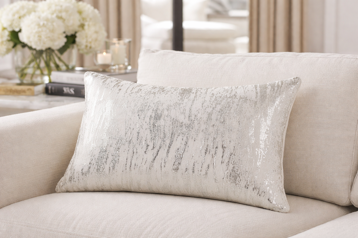 1612 - Silver Distressed Foil Print Cotton 14"x22" Throw Pillow