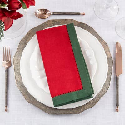 6407 - Jasper Green Border Hemstitch Red 20" Dinner Napkin