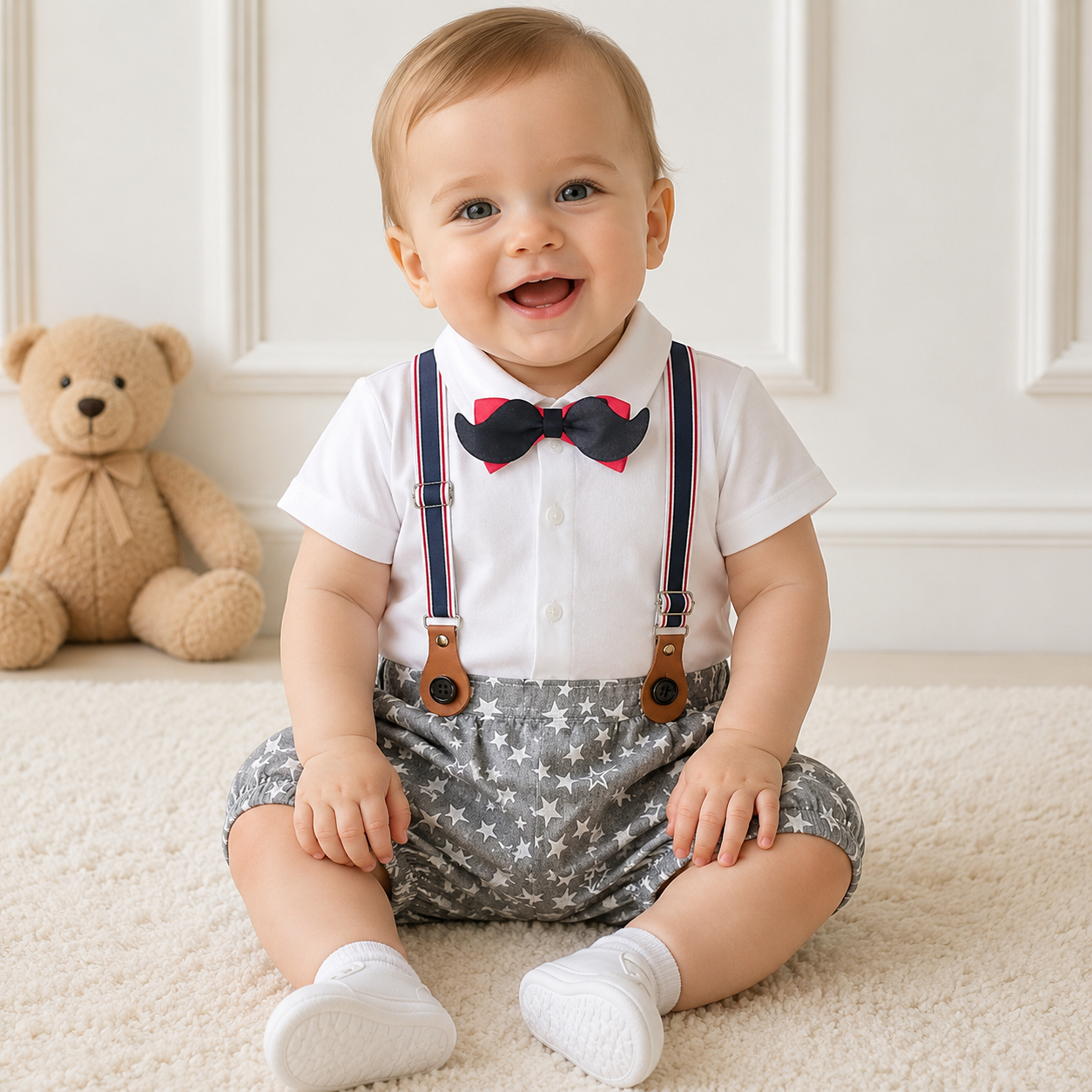 White 3D Mustache Bowtie Star Baby Romper and Suspenders