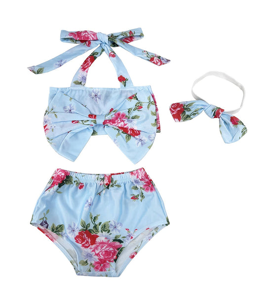 Blue Floral Bowknot Baby Bikini 3pcs Swimsuit