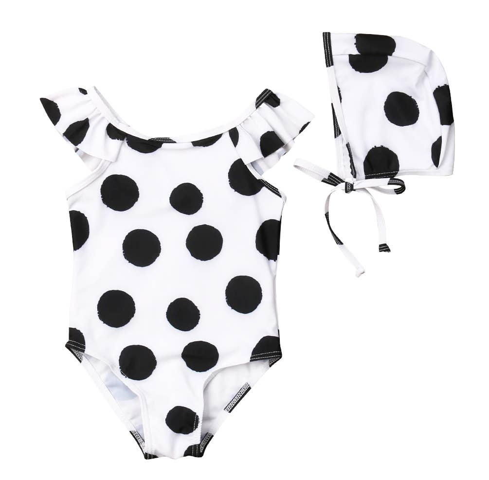 Black Polka Dot Girl White One-Piece Swimsuit & Hat