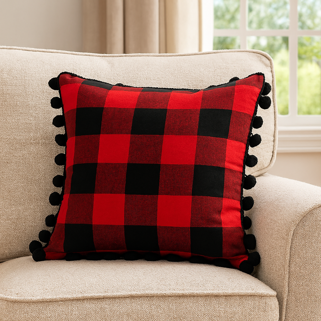 XS0007 - Buffalo Plaid Pom Pom Trim Cotton Decorative Throw Pillow