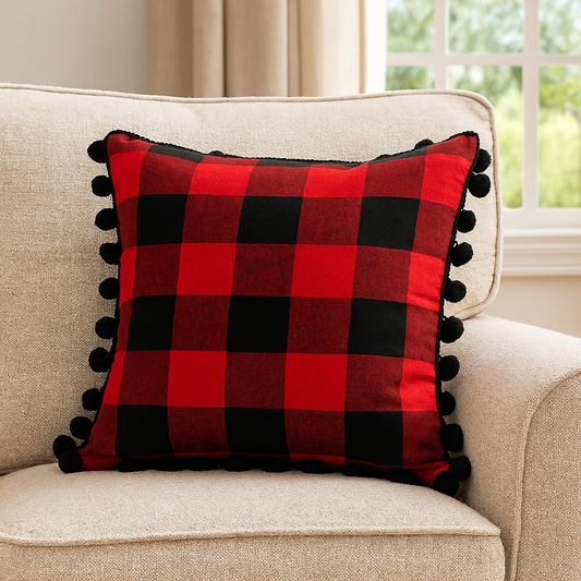 FILLER - Buffalo Plaid Pom Pom Trim Cotton Decorative Throw Pillow