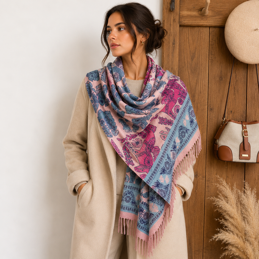 Pink Boho Paisley Jacquard Cashmere-Feel Shawl Wrap
