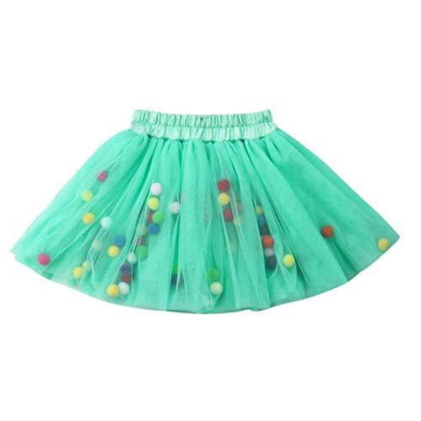 Green Multicolor Pom Pom Layered Baby Tutu Skirt