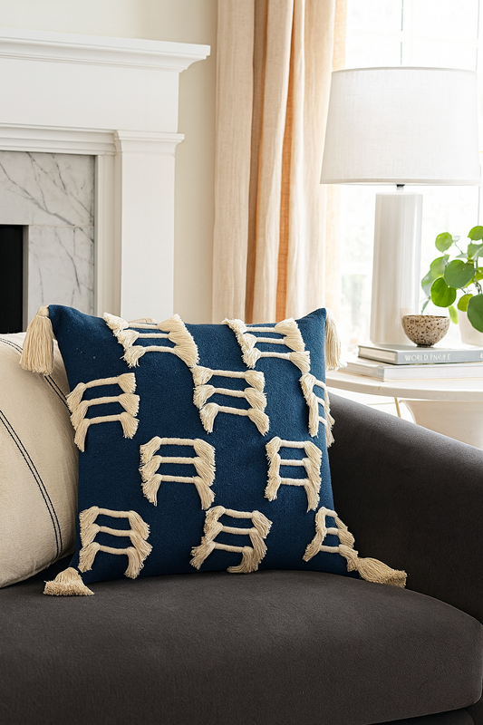 1178 - Navy Boho Cord Tasseled Down-Filled Throw Pillow – 22" x 22"