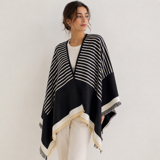 Black & Ivory Cashmere-Feel Striped Shawl Wrap Poncho