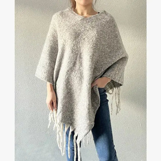 Grey Knit Tasseled Hooded Poncho