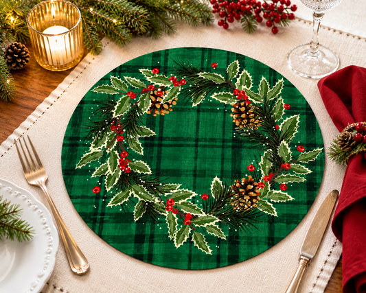 Green Plaid Holly & Pine 14" Round Placemat
