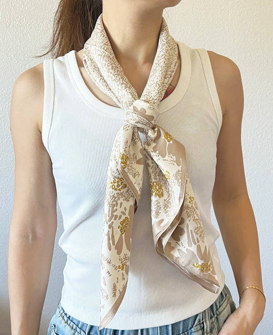 Beige Floral Silky Square Scarf