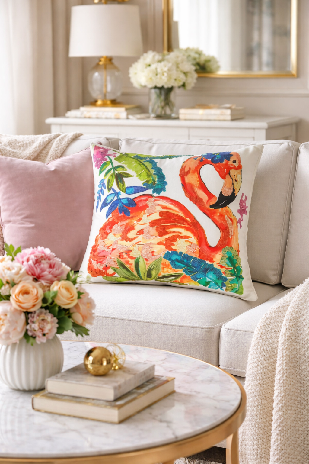 681 - Embroidered Flamingo Cotton 20" Throw Pillow