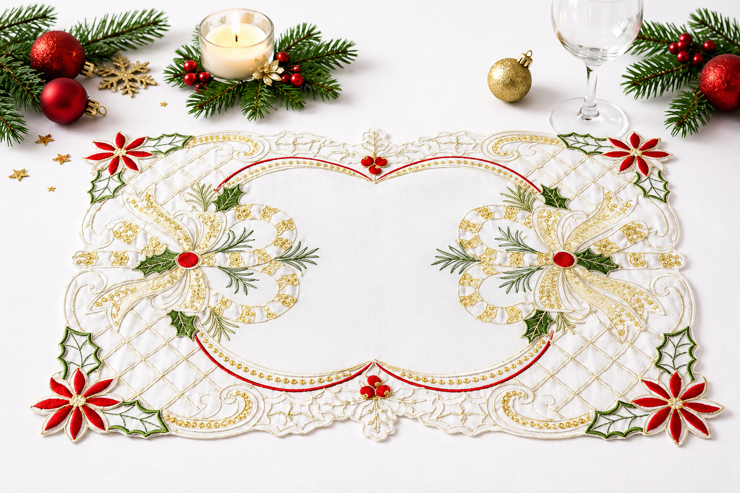 Holly Bow Festive 13"x19" Ivory Placemat