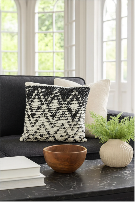 1728 - Black & White Diamond Woven Cotton-Jute 18" Throw Pillow