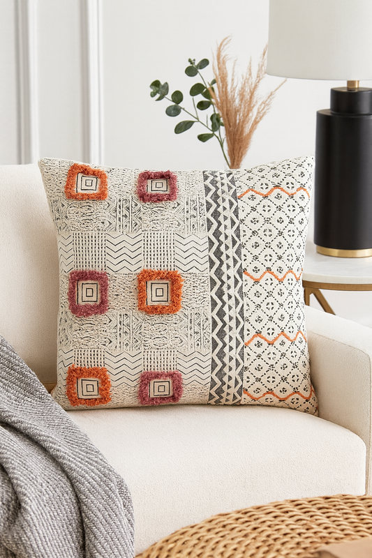 3103 - Boho Block Grid Tufted 22" Throw Pillow