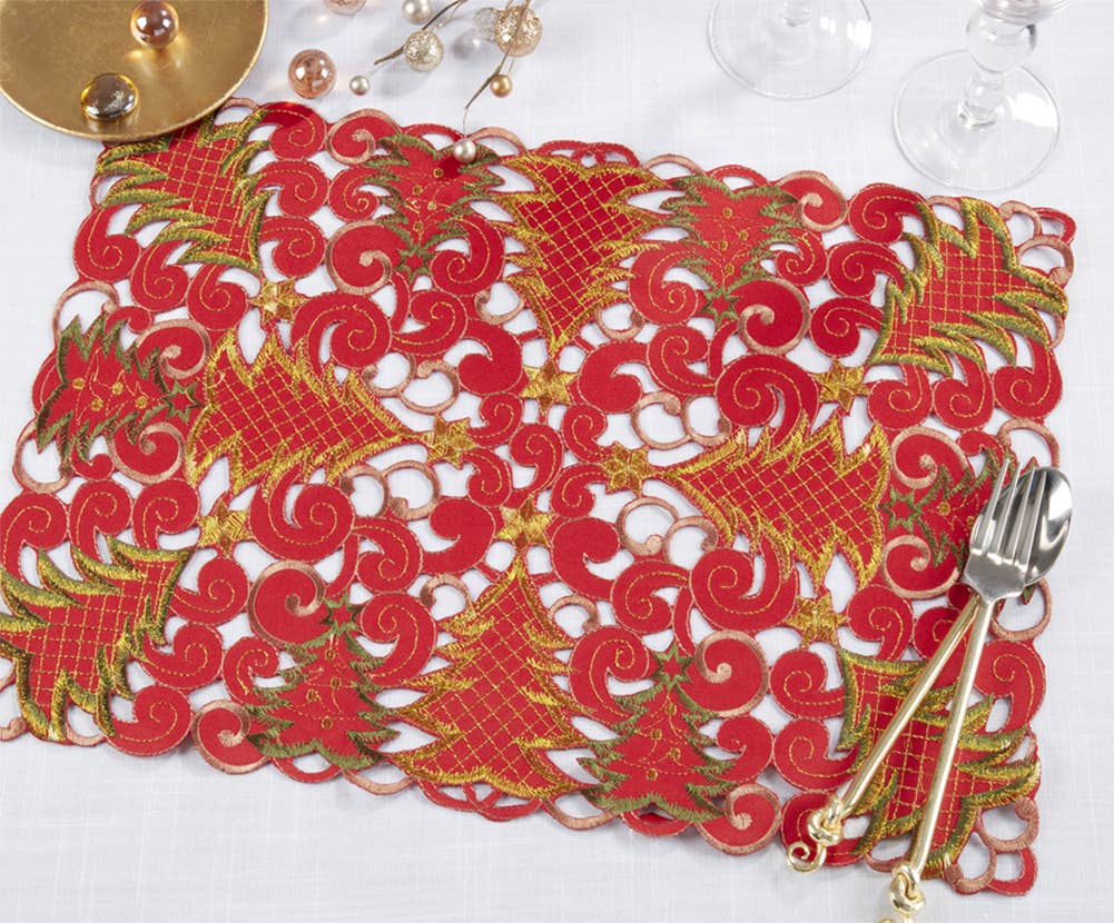 Red Christmas Tree Cutwork 14"x20" Placemat