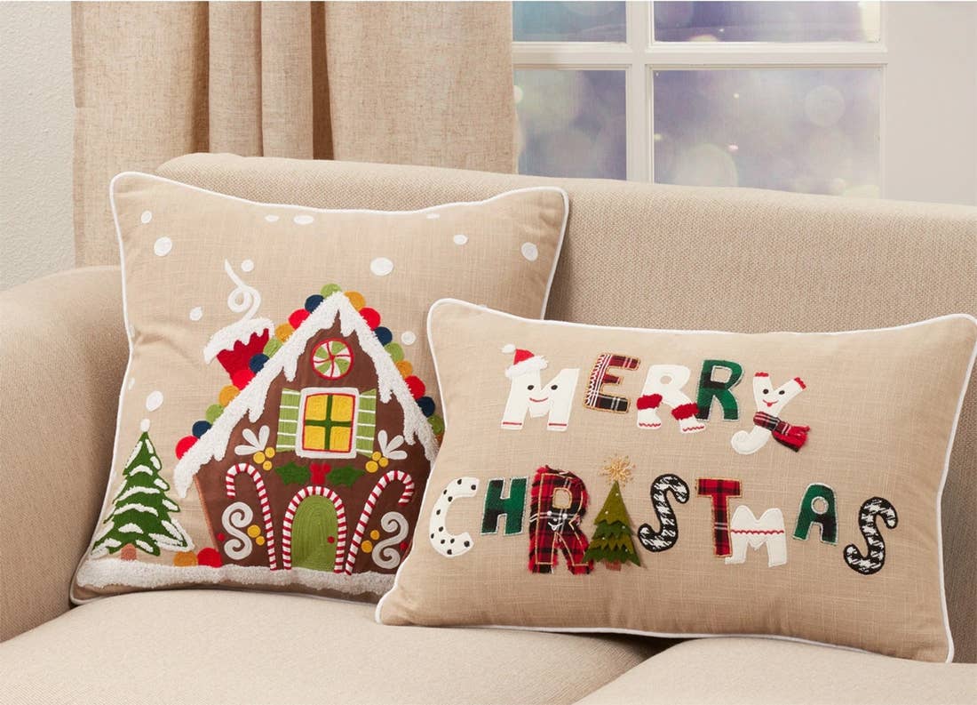 9155 - Embroidered Christmas Design Natural 18" Throw Pillow
