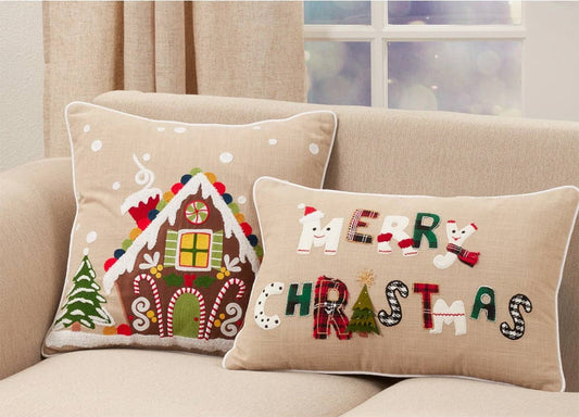 9155 - Embroidered Christmas Design Natural 18" Throw Pillow