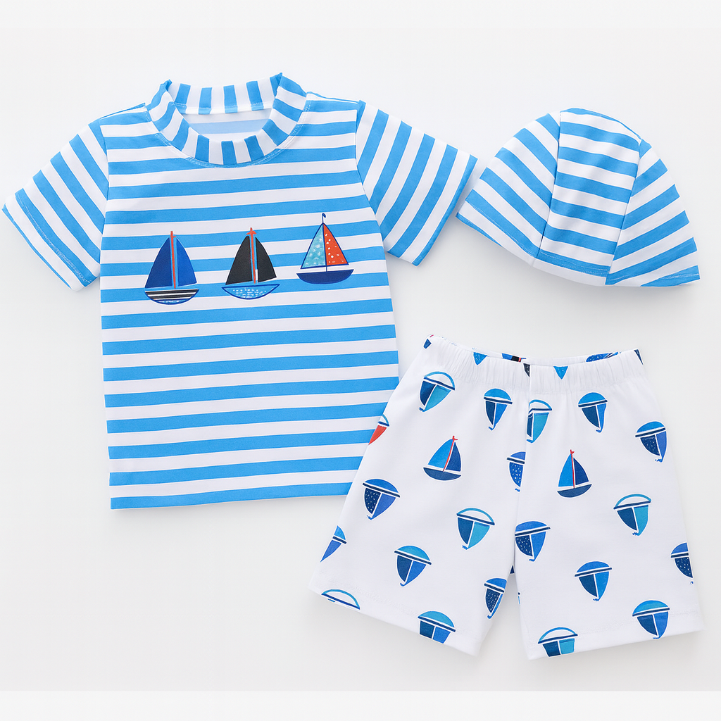 Blue Sailor Boats Striped 3pcs Boy Swimwear Set