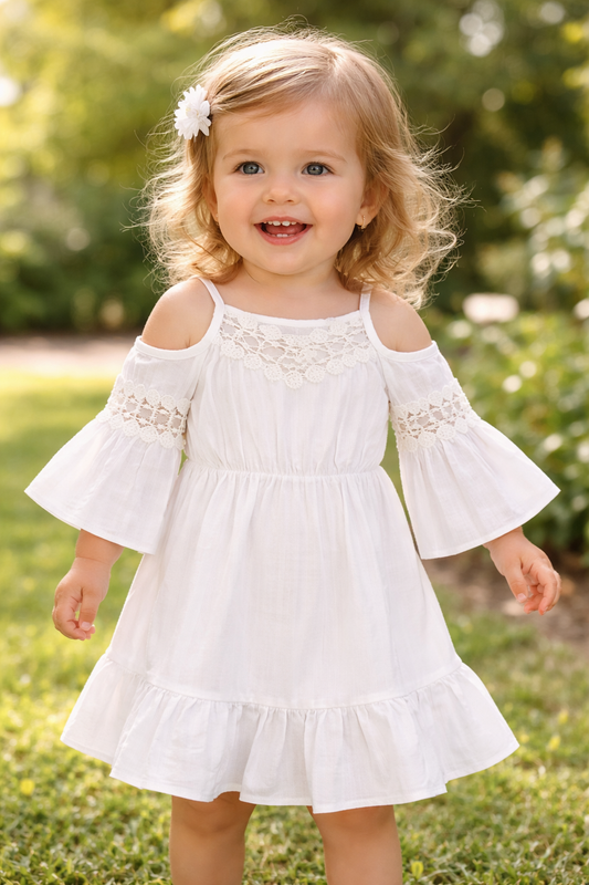 White Floral Lace Off-Shoulder Toddler Girl Dress