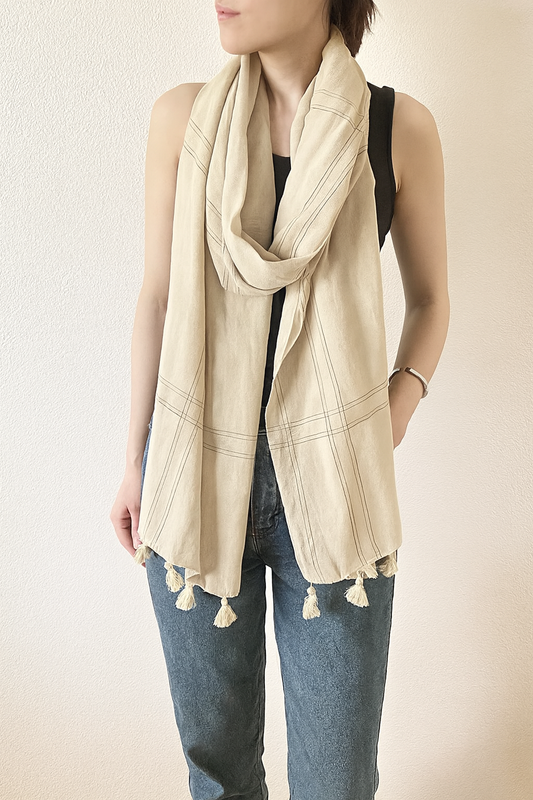 Ivory Plaid Garment Dye Cotton Scarf with Tassels