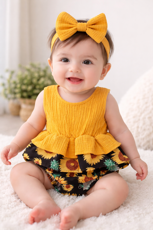 Yellow Floral Ruffled Baby Girl Romper
