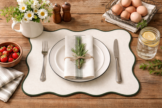 Light Beige Green Scalloped Border Woven Placemat - 13"X19"