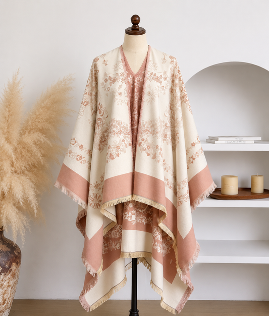 Blush Floral Jacquard Cashmere-Feel Ruana Wrap