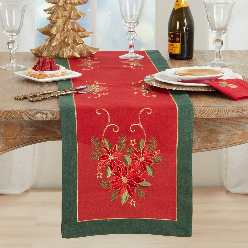 2723 - Embroidered Poinsettia Linen Blend Table Runner - 16"x72"