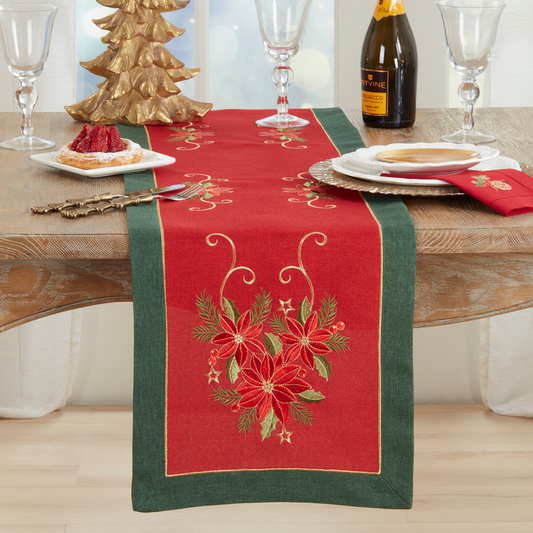 2723 - Embroidered Poinsettia Linen Blend Table Runner - 16"x72"