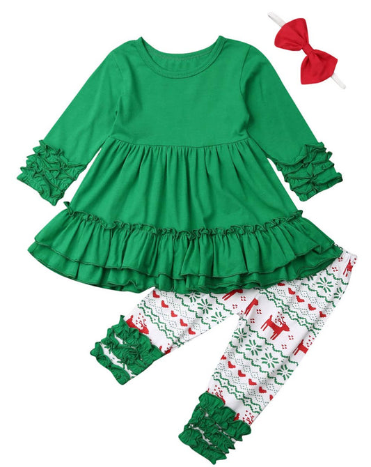 Green Christmas Design 2pcs Girl Outfit