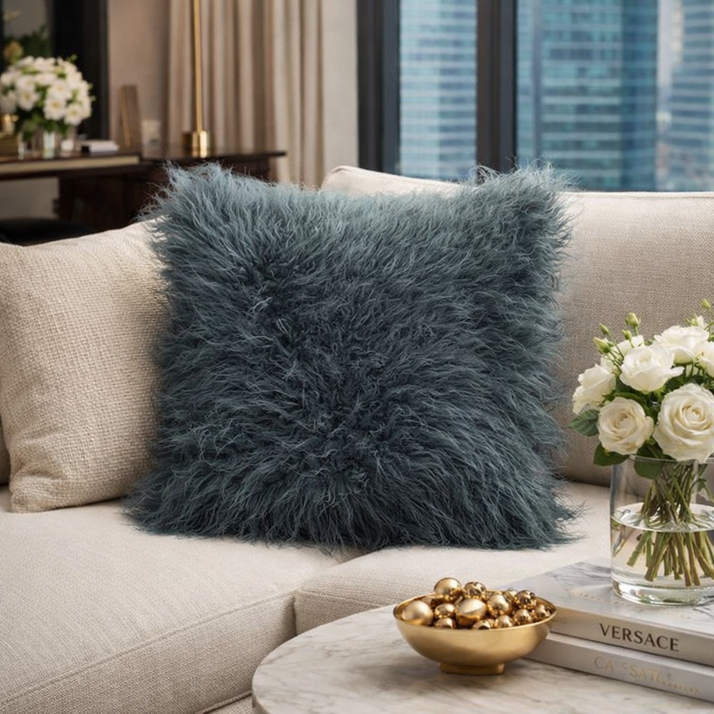 706 - Slate Faux Mongolian Fur 18" Filled Throw Pillow