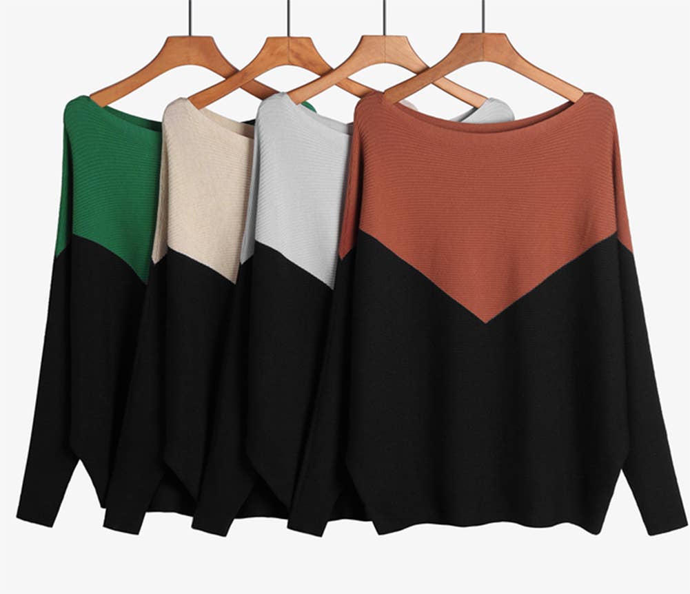 Two-Tone Boat Neck Batwing Sleeve Knit Pullover Sweater