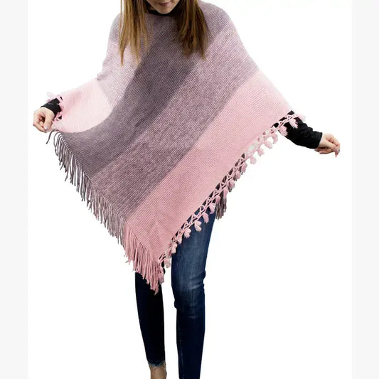 Pink and Purple Color Block Fringe Poncho Sweater