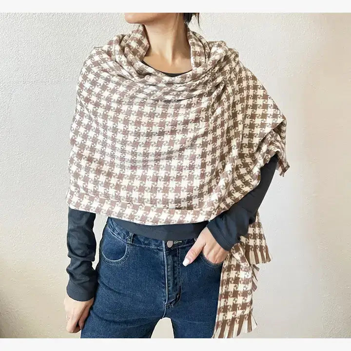 Beige Windmill Pattern Woven Cashmere Scarf