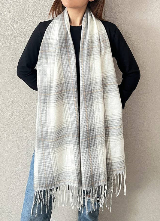 Grey Classic Plaid Cashmere Wrap Scarf with Fringe