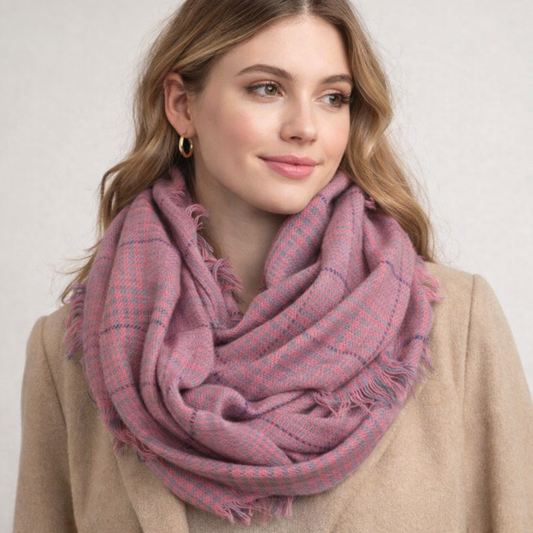 Pink Glen Check Infinity Scarf with Fringe