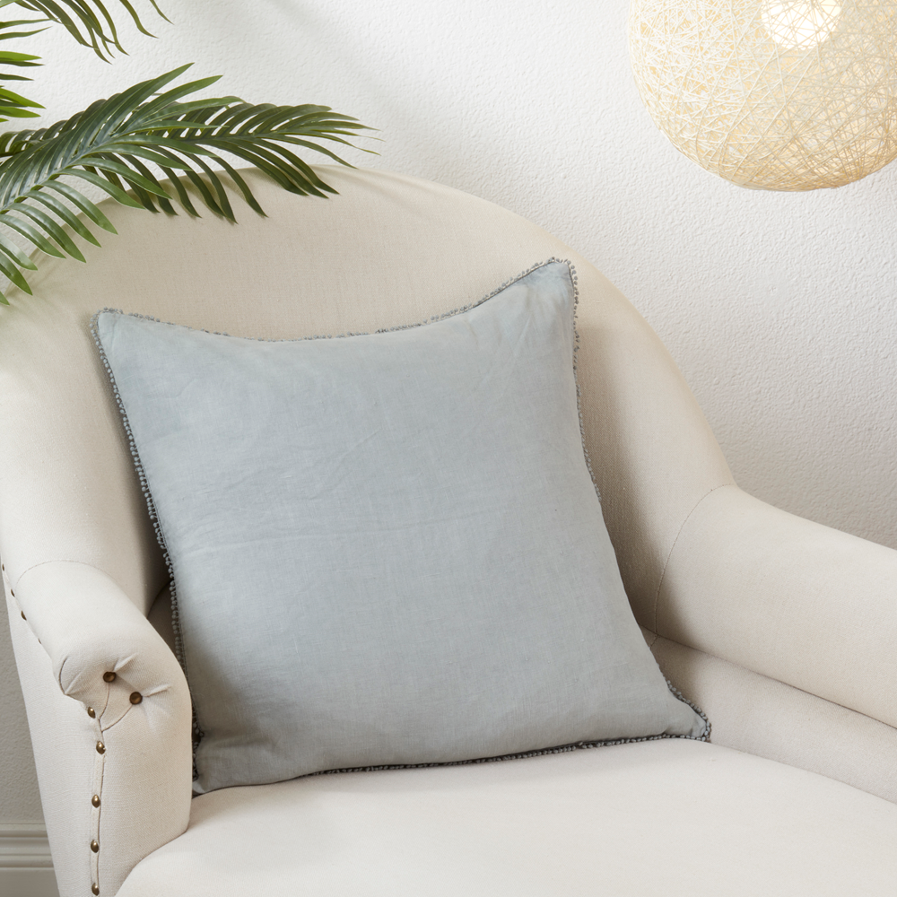15063 - Blue-Grey Pompom Linen Down Filled 20" Throw Pillow