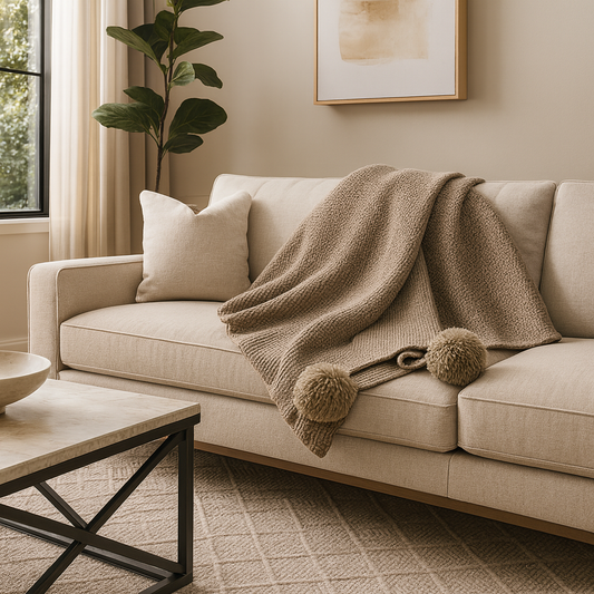 TH0005 - Khaki Chunky Knit Pom Pom Throw Blanket