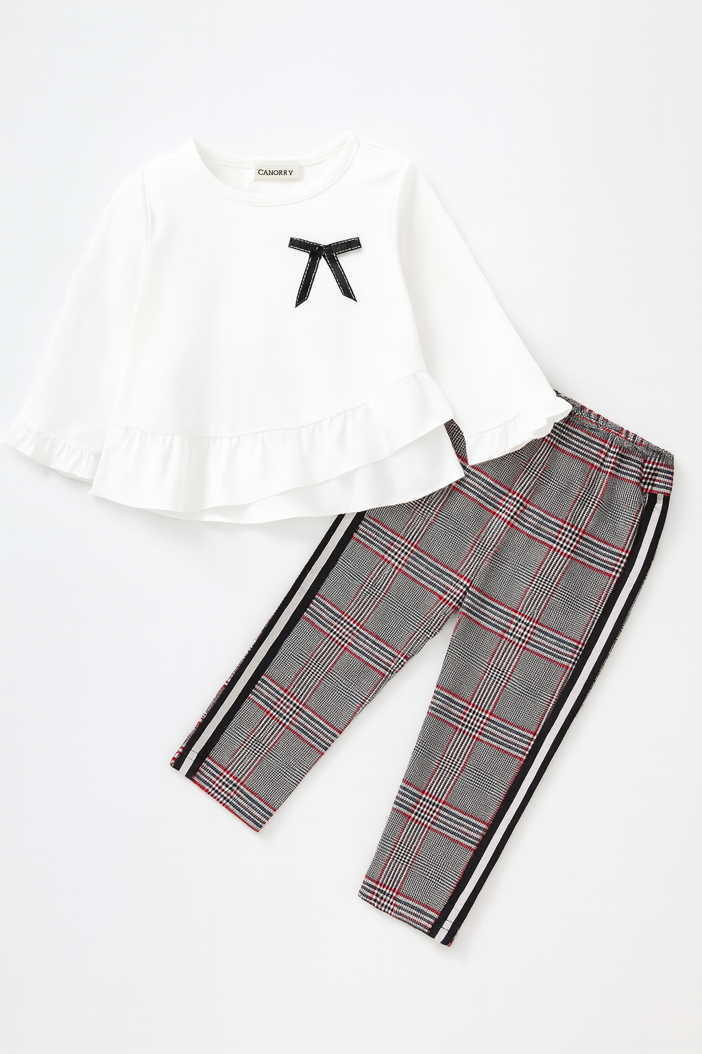 Ruffle Layered Blouse & Grey Tartan Pant 2pcs Girl Outfit