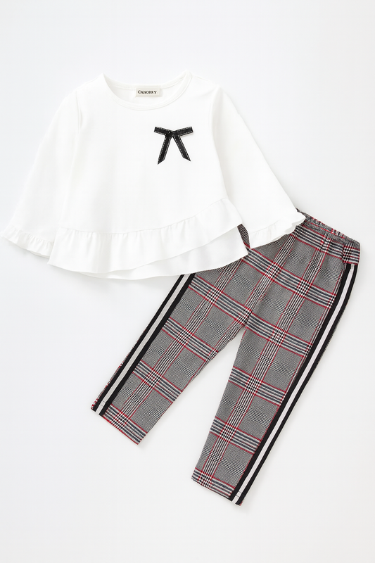Ruffle Layered Blouse & Grey Tartan Pant 2pcs Girl Outfit