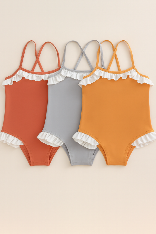 Girls' Ruffle Trim One-Piece Swimsuit – 3 Colors Available