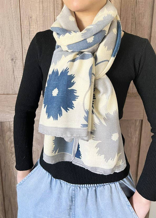 Grey-Blue Daisy Pattern Women's Shawl Scarf