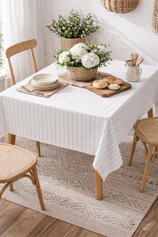 Black Stripe White Woven Cotton Tablecloth
