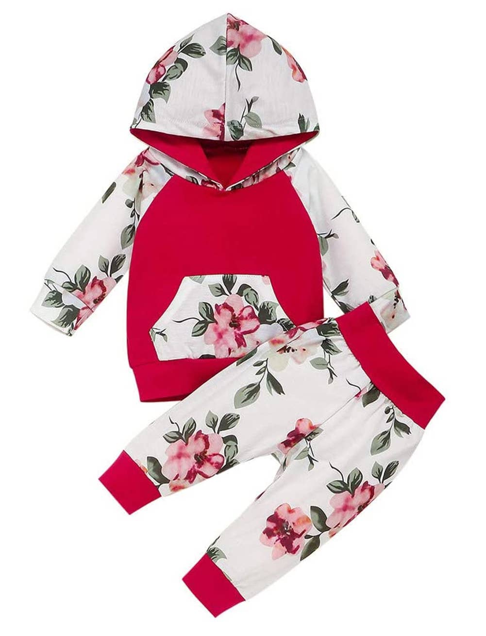 Red & White Flowers Front Pocket Baby Hoodie & Sweat Pants