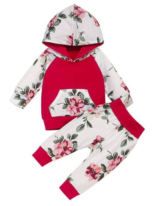 Red & White Flowers Front Pocket Baby Hoodie & Sweat Pants