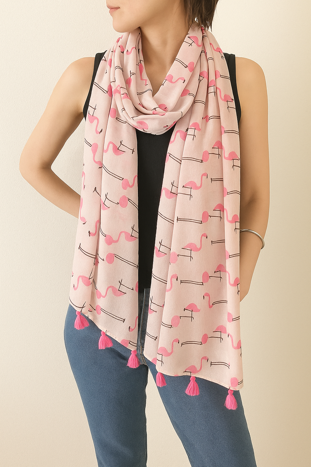 Pink Flamingo Wrap Scarf with Tassels